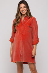 Rust Corduroy Button Front Fringe Hem Maternity Dress