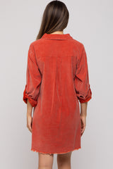 Rust Corduroy Button Front Fringe Hem Maternity Dress