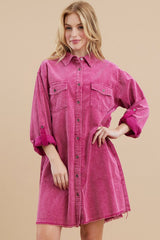 Magenta Corduroy Button Front Fringe Hem Maternity Dress