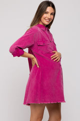 Magenta Corduroy Button Front Fringe Hem Maternity Dress