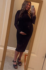 Black Shimmer Mesh Long Sleeve Ruched Maternity Midi Dress