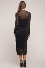 Black Shimmer Mesh Long Sleeve Ruched Maternity Midi Dress