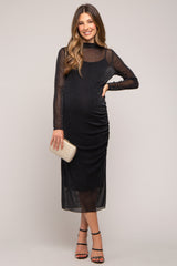 Black Shimmer Mesh Long Sleeve Ruched Maternity Midi Dress