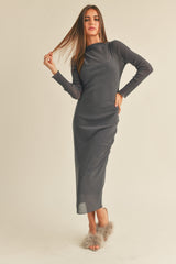 Charcoal Shimmer Mesh Long Sleeve Ruched Maternity Midi Dress