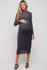 Charcoal Shimmer Mesh Long Sleeve Ruched Maternity Midi Dress