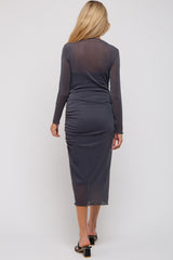 Charcoal Shimmer Mesh Long Sleeve Ruched Maternity Midi Dress