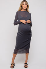 Charcoal Shimmer Mesh Long Sleeve Ruched Maternity Midi Dress