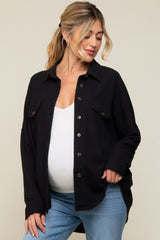 Black Textured Button Front Collared Maternity Top