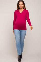 Magenta Ribbed Collared Long Sleeve Maternity Top