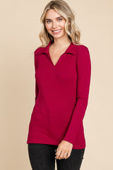 Magenta Ribbed Collared Long Sleeve Top