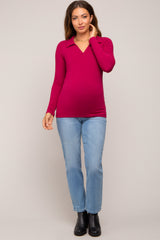 Magenta Ribbed Collared Long Sleeve Maternity Top