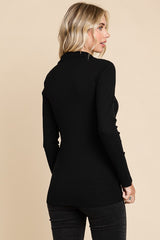 Black Ribbed Collared Long Sleeve Top