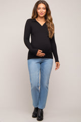 Black Ribbed Collared Long Sleeve Maternity Top