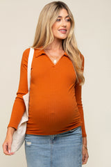 Rust Ribbed Collared Long Sleeve Maternity Top