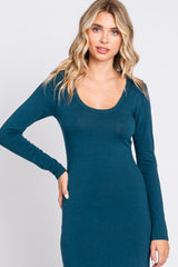 Dark Teal Solid Long Sleeve Scoop Neck Maxi Dress