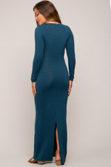 Dark Teal Solid Long Sleeve Scoop Neck Maternity Maxi Dress