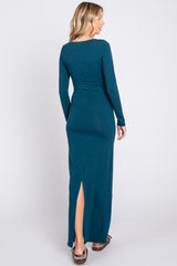 Dark Teal Solid Long Sleeve Scoop Neck Maxi Dress