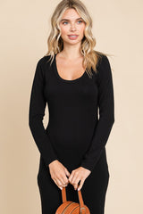 Black Solid Long Sleeve Scoop Neck Maxi Dress