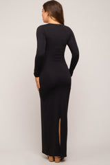 Black Solid Long Sleeve Scoop Neck Maternity Maxi Dress