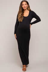 Black Solid Long Sleeve Scoop Neck Maternity Maxi Dress