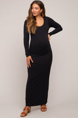 Black Solid Long Sleeve Scoop Neck Maternity Maxi Dress