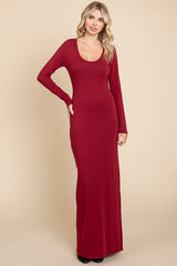 Burgundy Solid Long Sleeve Scoop Neck Maxi Dress