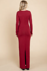 Burgundy Solid Long Sleeve Scoop Neck Maxi Dress