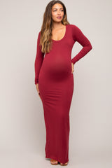 Burgundy Solid Long Sleeve Scoop Neck Maternity Maxi Dress