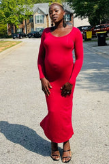 Burgundy Solid Long Sleeve Scoop Neck Maternity Maxi Dress