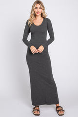 Charcoal Solid Long Sleeve Scoop Neck Maternity Maxi Dress