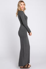 Charcoal Solid Long Sleeve Scoop Neck Maxi Dress