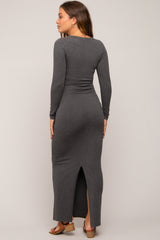 Charcoal Solid Long Sleeve Scoop Neck Maternity Maxi Dress