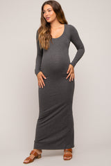 Charcoal Solid Long Sleeve Scoop Neck Maternity Maxi Dress