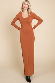 Camel Solid Long Sleeve Scoop Neck Maxi Dress