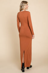 Camel Solid Long Sleeve Scoop Neck Maxi Dress