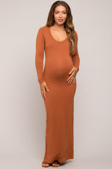 Camel Solid Long Sleeve Scoop Neck Maternity Maxi Dress