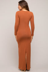 Camel Solid Long Sleeve Scoop Neck Maternity Maxi Dress