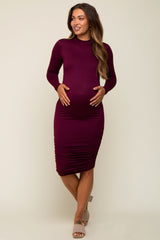 Burgundy Ruched Maternity Fitted Dress