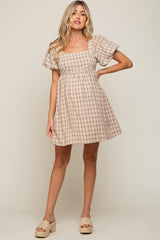 Taupe Plaid Square Neck Short Puff Sleeve Maternity Dress