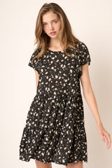 Black Daisy Flower Print Ruffle Detail Mini Dress