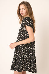 Black Daisy Flower Print Ruffle Detail Mini Dress