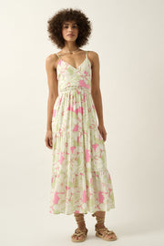 Pink Mint Floral V Neck Wrap Open Back Maxi Dress