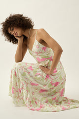 Pink Mint Floral V Neck Wrap Open Back Maxi Dress