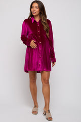 Magenta Velvet Button Down Maternity Dress