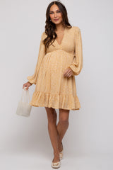 Yellow Floral Smocked Long Sleeve Maternity Dress