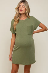 Olive Ribbed Front Pocket Dolman Short Sleeve Maternity Dress