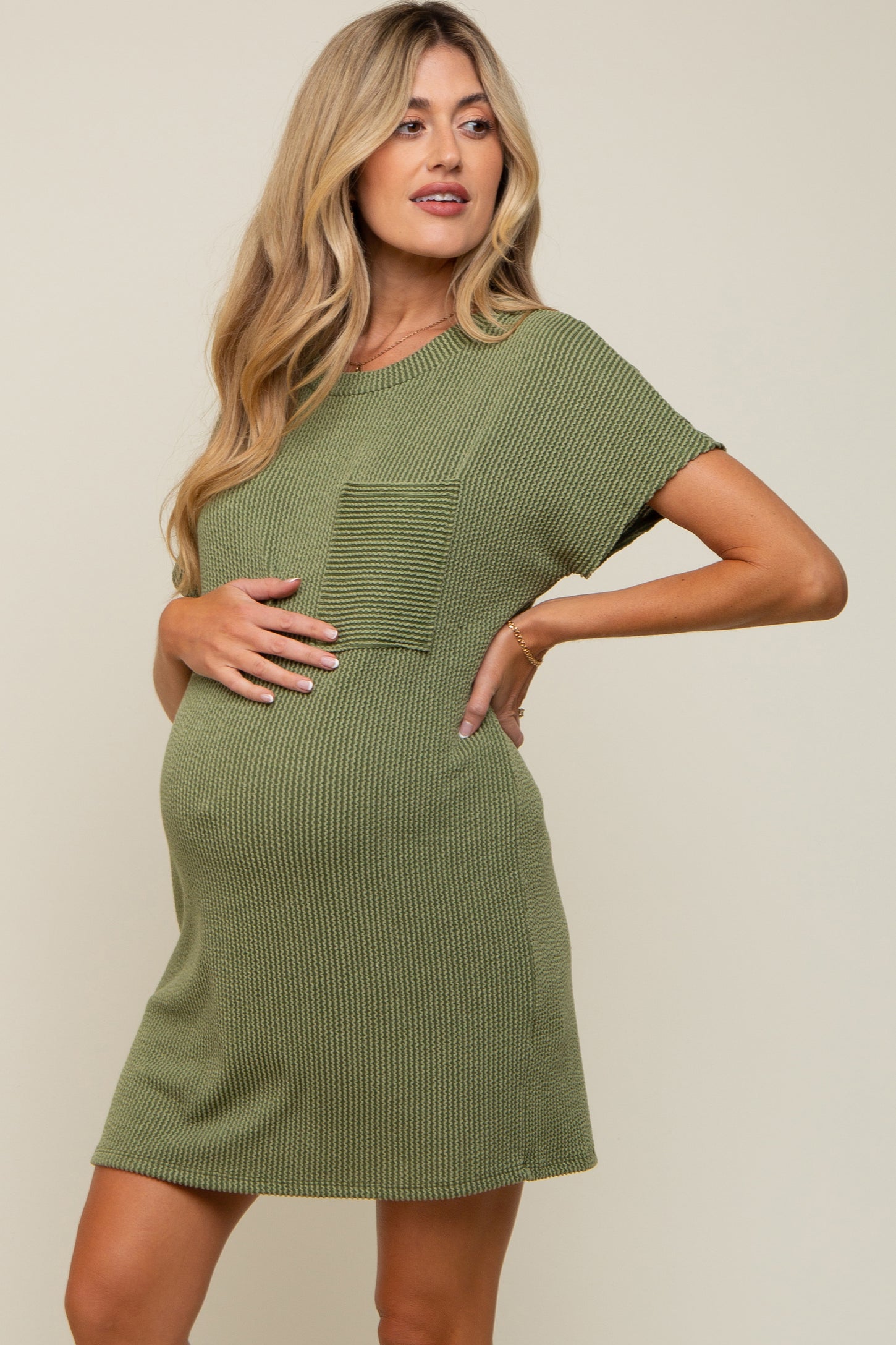 Olive Ribbed Front Pocket Dolman Short Sleeve Maternity Dress– PinkBlush