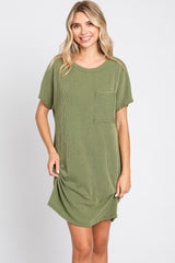 Olive Ribbed Front Pocket Dolman Short Sleeve Dress