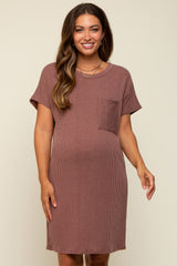 Brown Ribbed Front Pocket Dolman Short Sleeve Maternity Dress