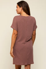 Brown Ribbed Front Pocket Dolman Short Sleeve Maternity Dress